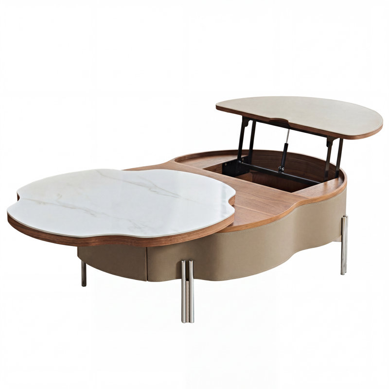 43.3" Swivel Lift‑Top Coffee Table Faux Leather Upholstered with Storage -Stainless Steel Legs