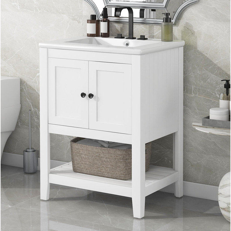 Meuble-lavabo élégant - cadre en bois de 24 po et lavabo en céramique, tablette ouverte, Blanc
