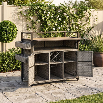 Wicker Outdoor Grill Cart with Plastic Wood Drop-Leaf Tabletop, Locking Wheels, Storage Cabinet, Wine Rack, Spice Racks and Glass Holders