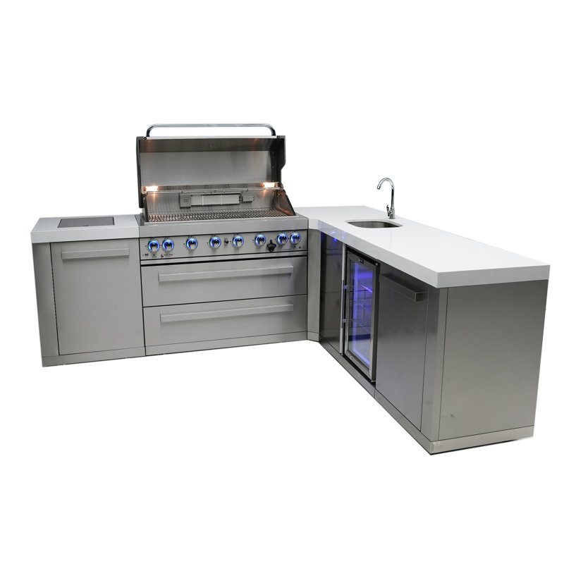 Mont Alpi 6-Burner 90 Degree Stainless Steel Island BBQ Grill + Faucet & Sink Combo + Refrigerator