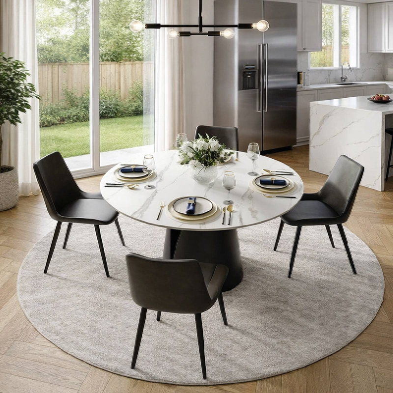 51” Vera Modern Round Dining Table, Sintered Stone Tabletop With Carbon Steel Pedestal Base for Kitchen, Matte White, Black