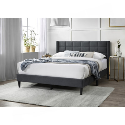 Elegant Modern 1Pc Full Size Bed Upholstered Box Design Headboard Bedframe Charcoal Brushed Linen