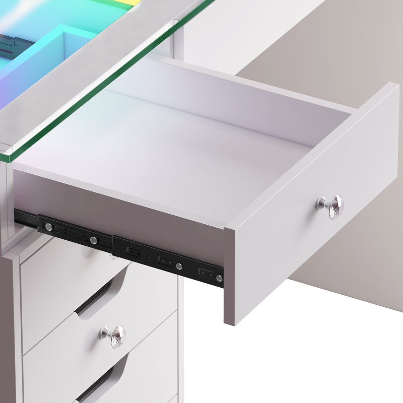 Makeup Vanity Set with LED Lighted Mirror HD Glass Top Built-in RGB Light Strips Large 13 Drawers, Light White