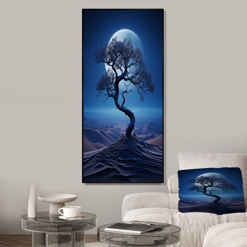 Arbre bleu au clair de lune dans le désert II - art mural désert, Cadre flottant noir, H 44 po x l 34 po