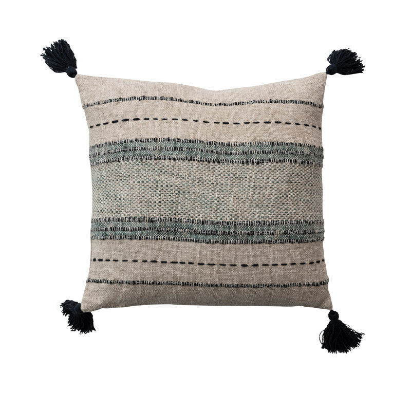 18" Square Natural Cotton Embroidered Pillow with Tassels