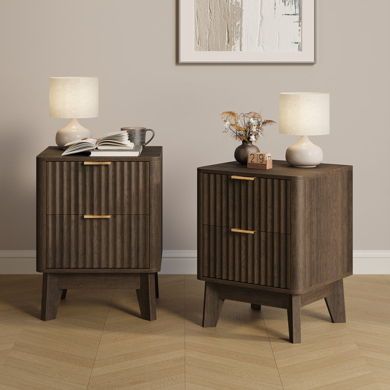 Donati 15"W Fluted Nightstand with 2 Drawers, Walnut
