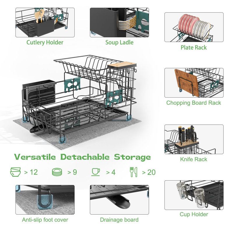NIERBO Large Capacity 2-Tier Stainless Steel Dish Drying Rack With Rustproof Finish