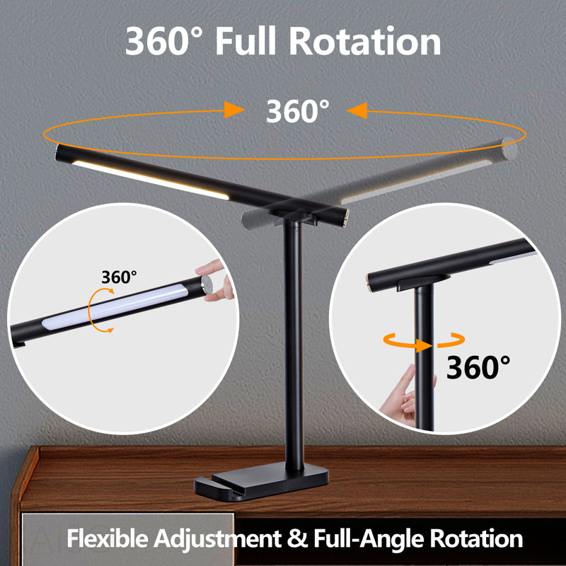 Lampe de bureau à DEL à 360 ° réglable, port de charge USB, 5 modes d'éclairage et luminosité à intensité variable, lampe de chevet pour lire, bricoler, travailler, étudier (noir)