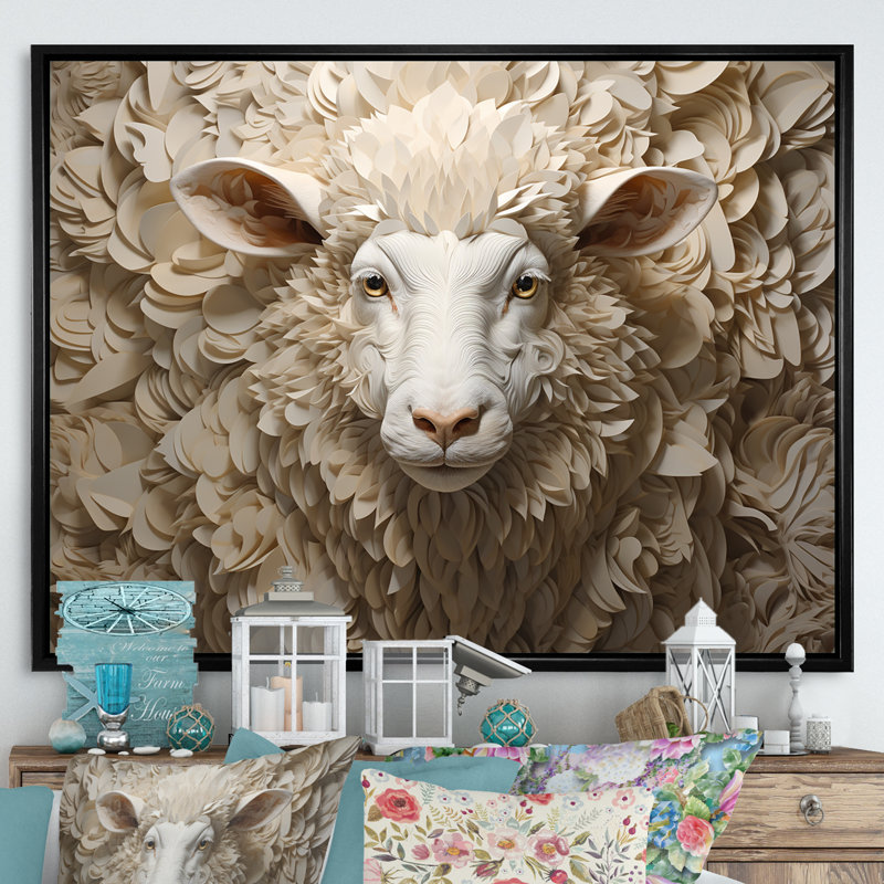 Cozy beige minimalisme mouton I sur toile, Cadre flottant noir, 30" H x 40" W