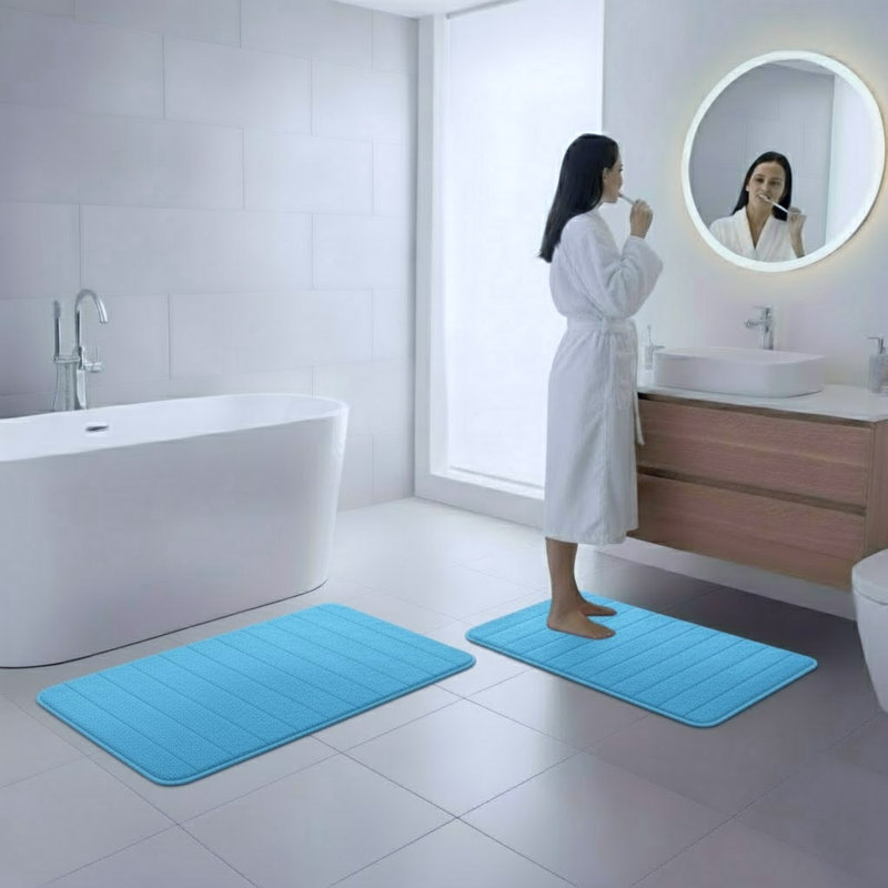 Billybob Memory Foam Bath Rug Set - 2-Piece Bath Mats with Microfiber Top - Non-Slip Absorbent Rugs, Blue