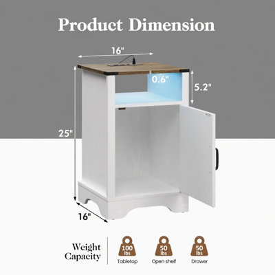 Table de chevet à DEL 16 po en chêne blanc et rustique avec station de charge, table de chevet moderne avec lumières RVB et rangement