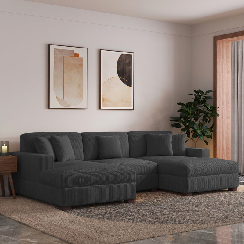 3-Piece Corduroy Modular Sectional with Loose Back, Gray Corduroy 