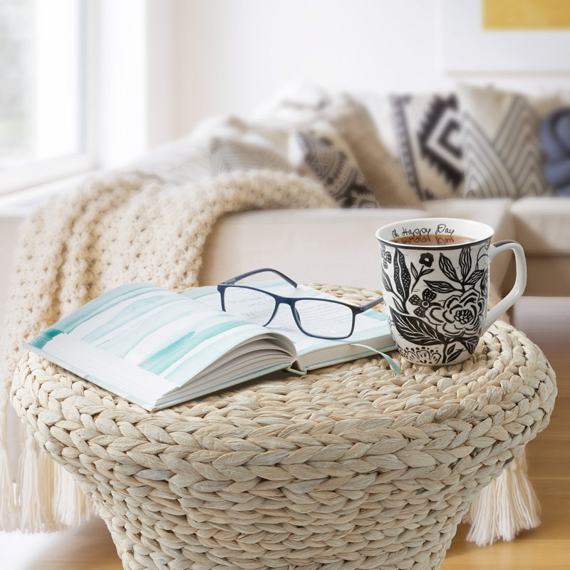 Hourglass Accent Table Water Hyacinth Round Side Table Boho End Table, Whitewash, Ivory