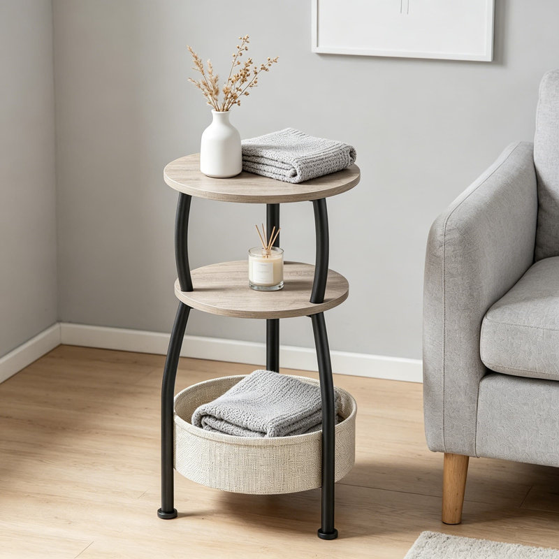 Table d'appoint ronde avec panier de rangement, petite table de bout à 3 niveaux pour économiser de l'espace, table basse, support de coin pour le salon, la chambre à coucher, le jardin, 24 po de hauteur