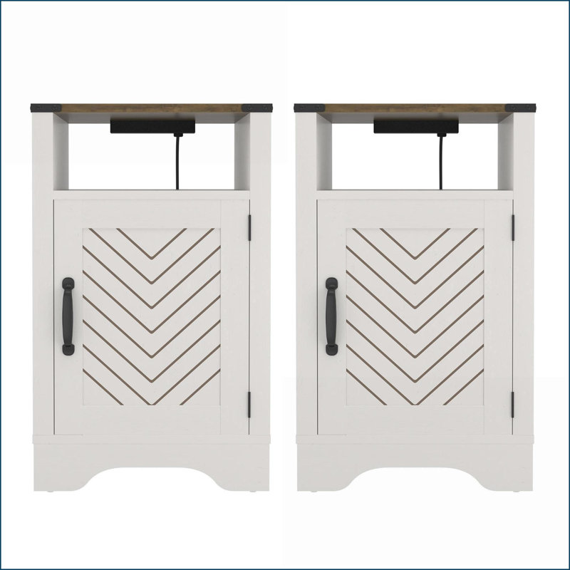Farmhouse Wooden Nightstand with Charging Station &amp; Storage - White, Set of 2
