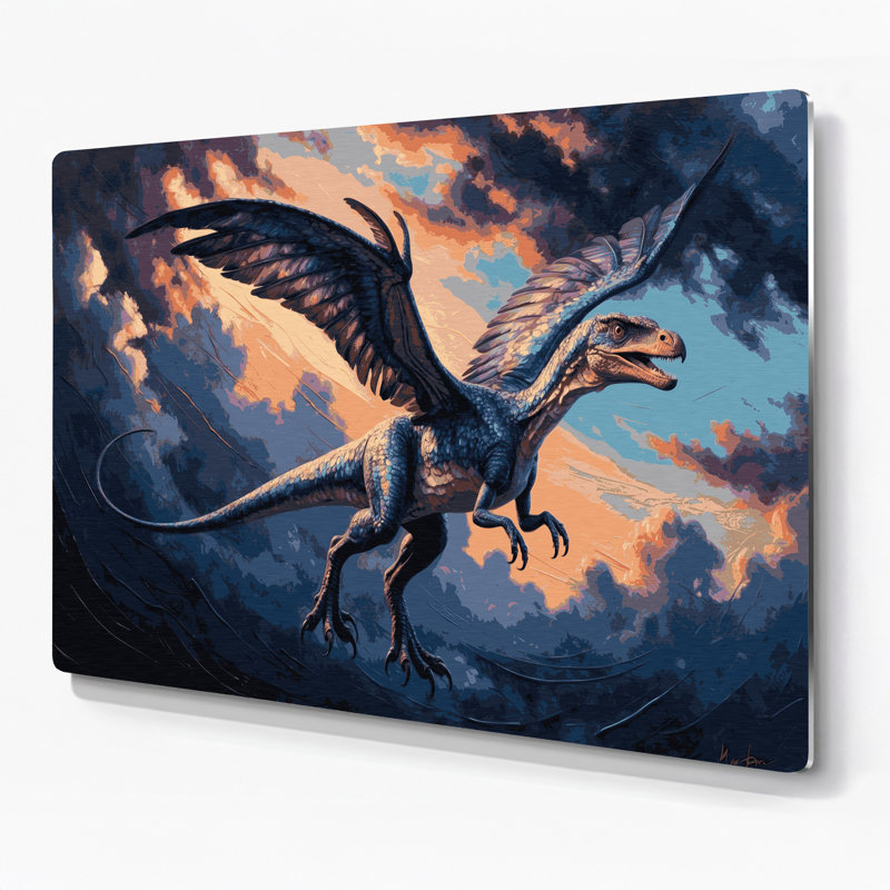 «Dinosaur Microraptor», art mural en métal gris, H 11 po x l 14 po