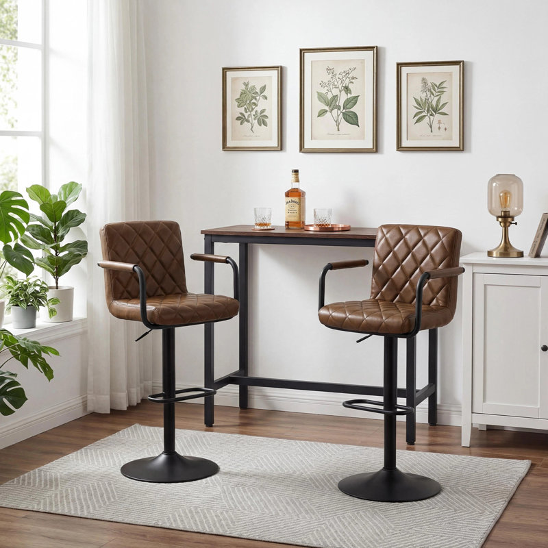  Mid-century Morden Diamond Design Upholstered Faux Leather Swivel Bar Stool with Footrest and Armrest, Black