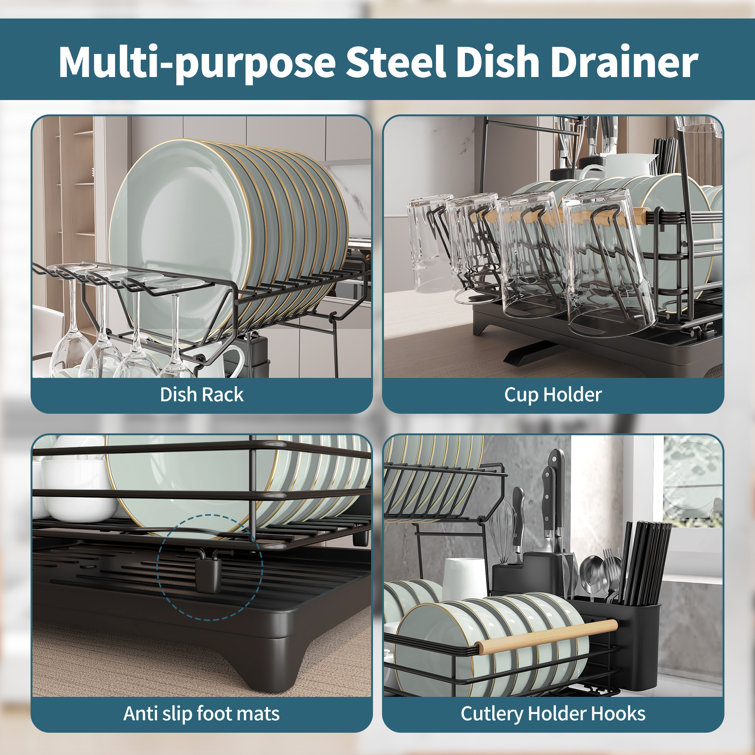 1pc 2-layer Bamboo Dish Rack With 16 Slots And Drainboard