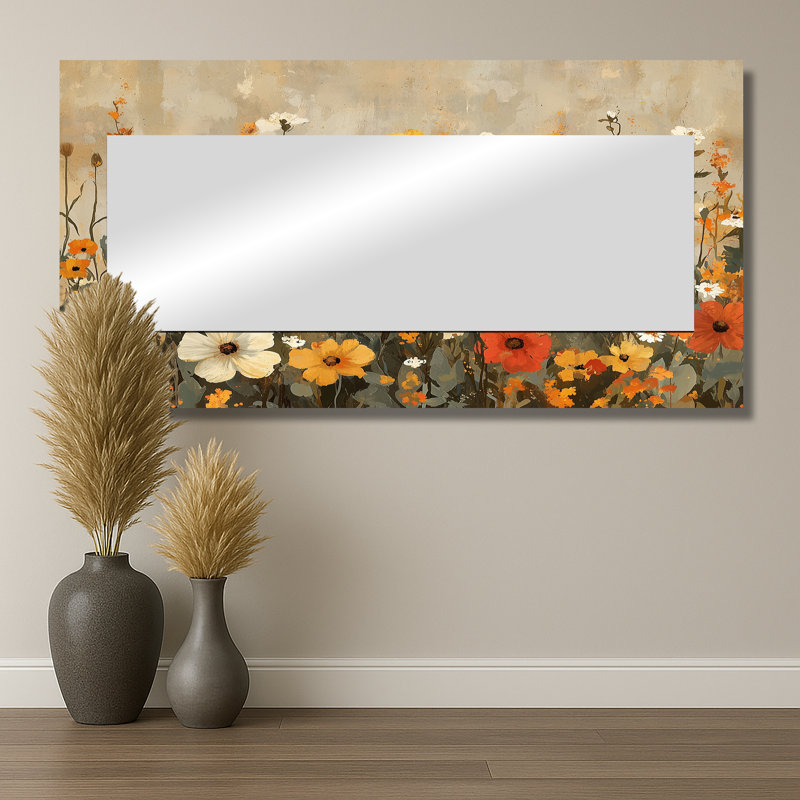 Brown Earth Roots Of Wildflowers I - Floral Accent Wall Mirror - Printed On Metal, 28" x 55"
