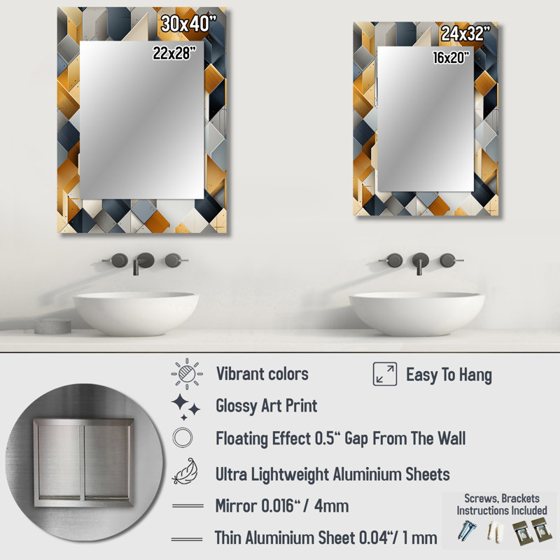 Grey Hexagons Dreams - Geometric  Decorative Mirror, Geometric Wall Mirror, Printed Metal Art, 40" x 30"