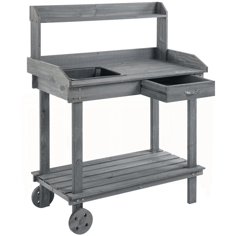 Table de travail en bois 36 po avec 2 roues amovibles gris, Gris