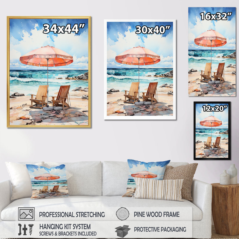 «Vintage Beach Chairs Scenery I», reproduction sur toile, Cadre photo noir, H 20 po x l 12 po x P 1 po