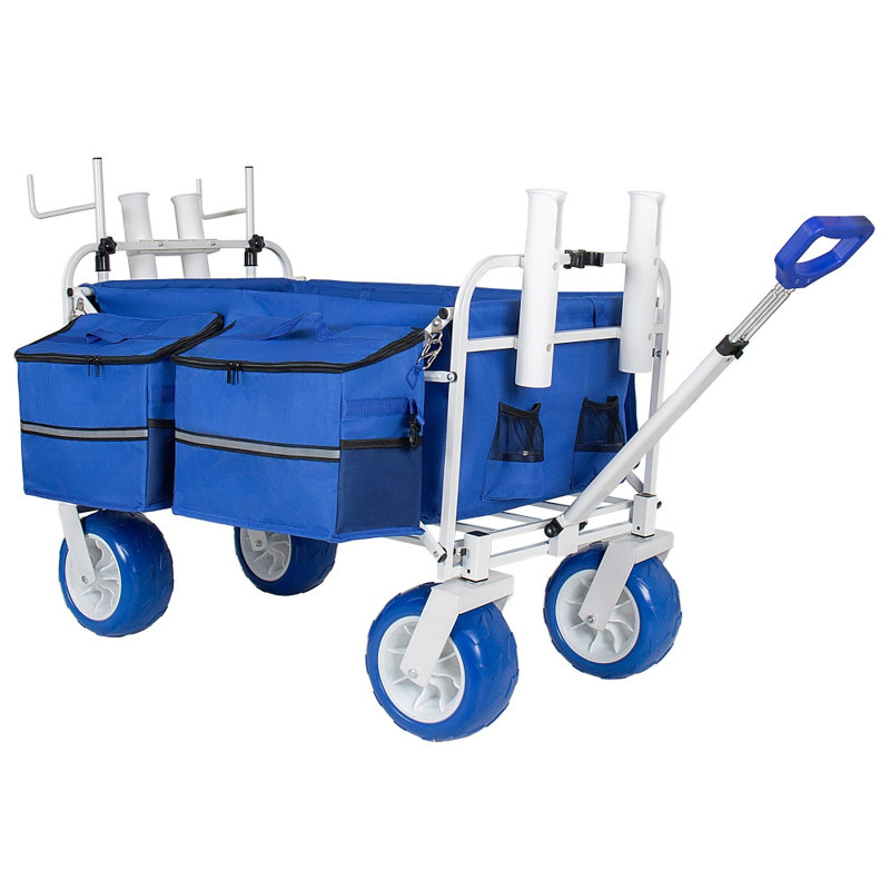 Blue 500lbs All-terrain Beach Wagon – 150l, 9" Pvc Wheels, Collapsible With Cooler & Bags