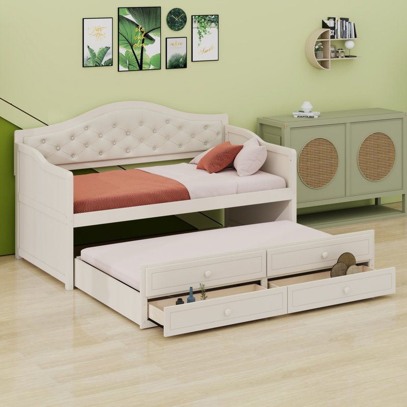 Daybed with Trundle, 2 Storage Drawers and Upholstered Backrest for Living Room, Bedroom and Guest Room, Beige