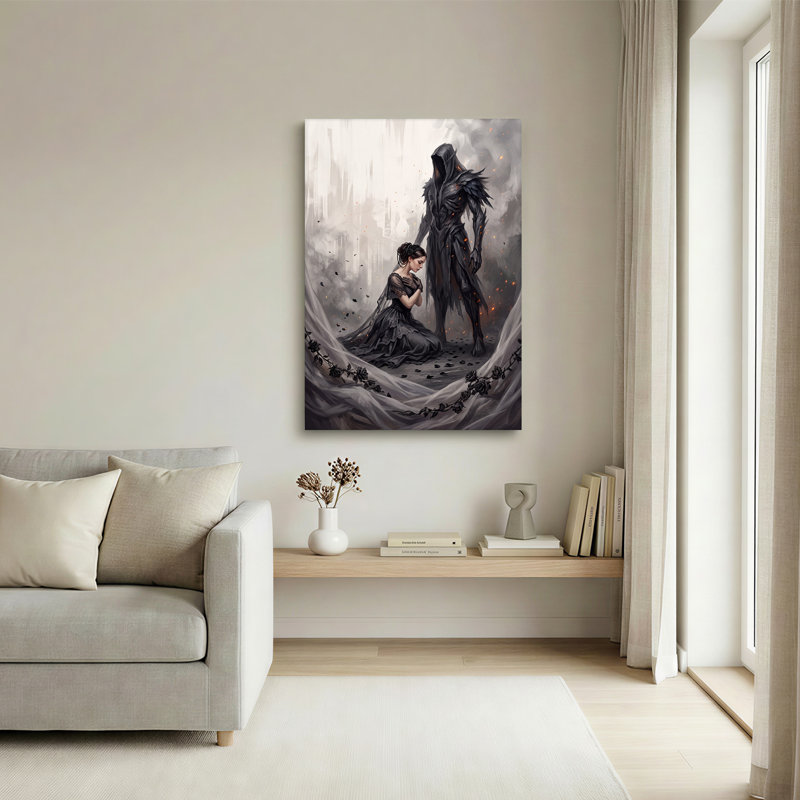 Art mural sur toile, "Femme à genoux en robe noire", 18"H x 12"W