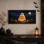 Tableau sur toile représentant un fantôme tenant une citrouille d'Halloween lumineuse dans la nuit-989149511