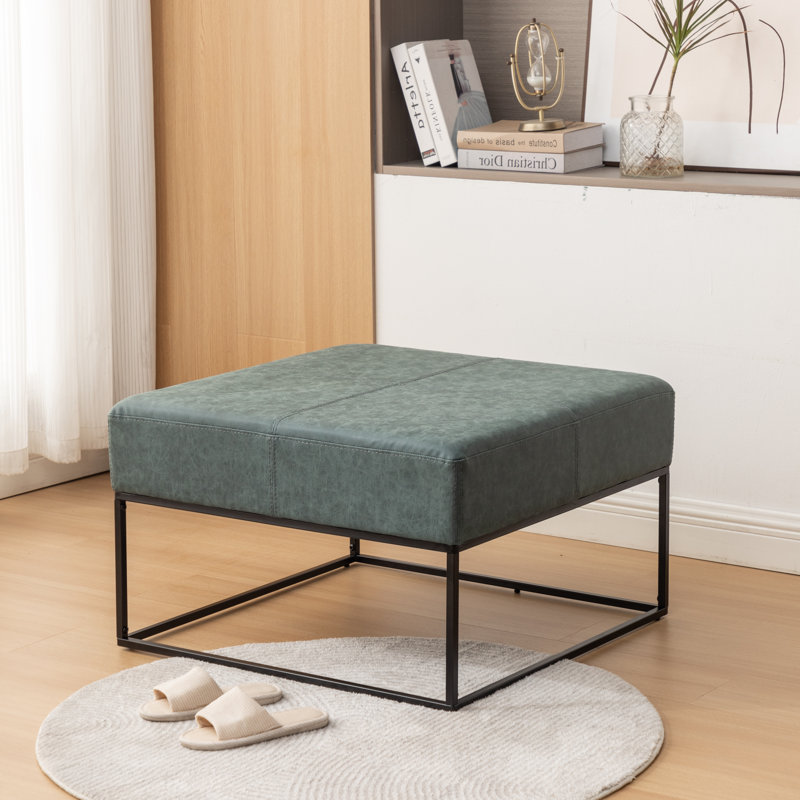 Cattibrie Leather Upholstered Square Ottoman, Blue Faux Leather
