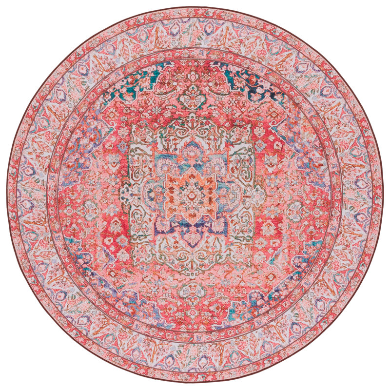 Tucson Oasis Washable Rug Non-Slip Area Rug in Pink & Beige, Round 183 cm