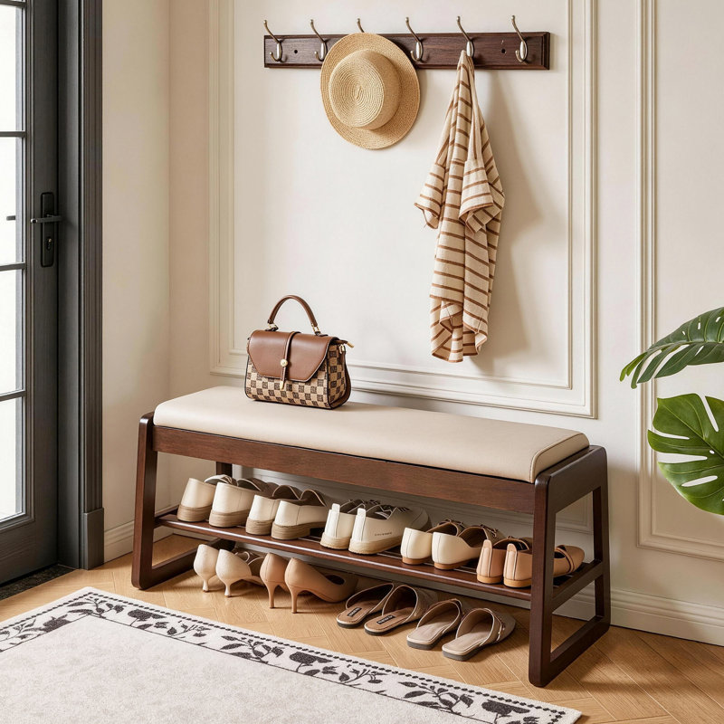 Banc de rangement en bois avec tablettes ouvertes pour le vestibule Crestwood 39,37 po, Beige