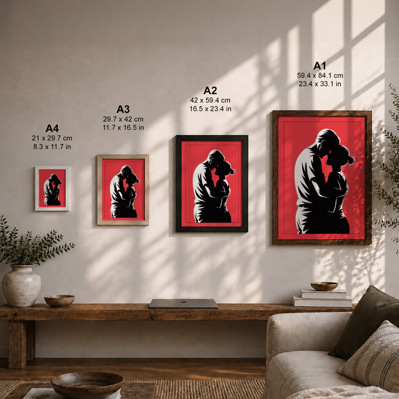 Silhouetted Kiss Modern - Framed Print, A1 - 84.1 x 59.4 cm, Oak