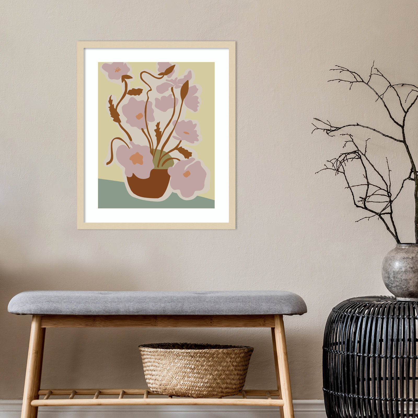Expressive Abstract House Plant Pink On Yellow Framed On Paper Print, Brown, 25" H x 21" W x 1" D