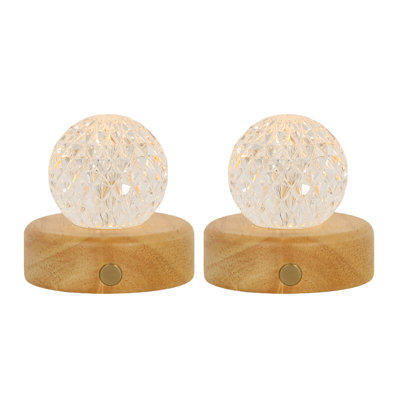 Lampe de table sphérique moderne avec abat-jour en cristal à facettes, fini bois clair pour table de chevet (lot de 2)
