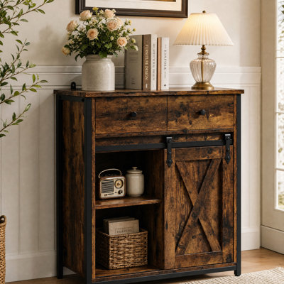 Buffet Farmhouse avec porte de grange coulissante et tablettes réglables, rangement de buffet