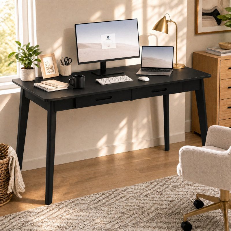 Bureau d'écriture 2 tiroirs avec pieds en bois massif Caidence, Noir / Noir, H 29,53 po x l 47,2 po x P 21,7 po
