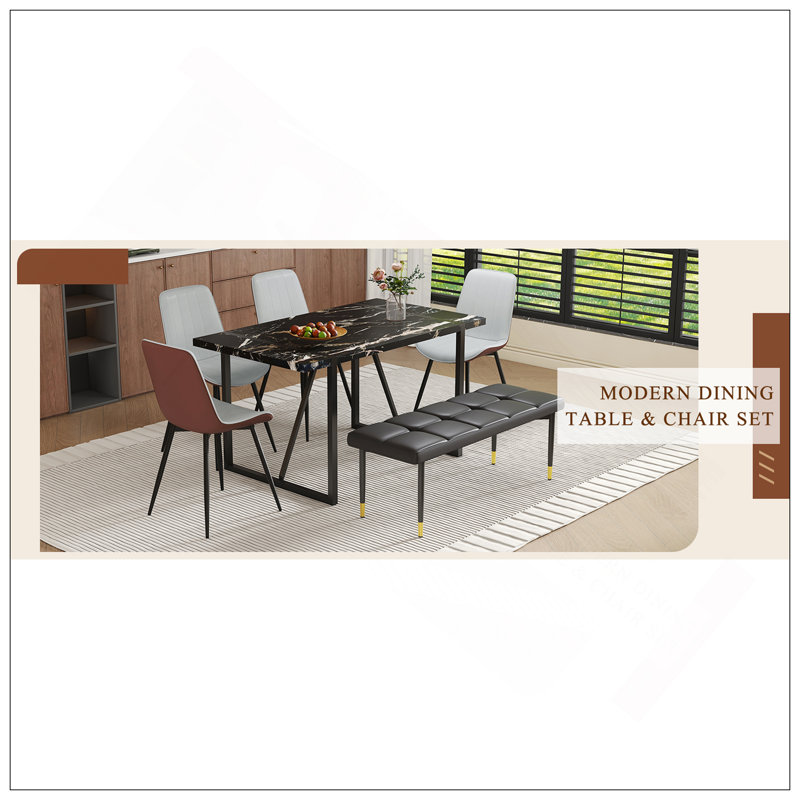 Ensemble de table et de chaises. Ensemble de table de salle à manger moderne en MDF à motif de marbre noir - 55 po x 31,4 po avec 4 chaises de salle à manger en polyuréthane et 1 banc, un choix de luxe subtil pour les maisons modernes.
