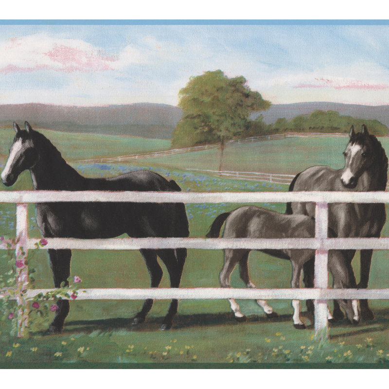 Bordure de papier peint à motif animalier L 15 pi x l 9 po Emerico Horse derrière Fence Farm