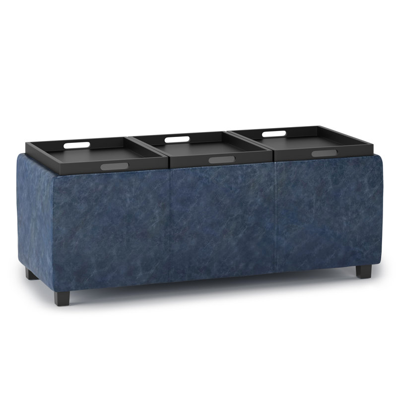 Avalon 42"W Upholstered Contemporary Rectangular Flip-Top Storage Ottoman with Hidden Storage, Denim Blue Vegan Faux Leather