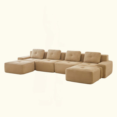 Modern U-Shaped Modular Sectional Sofa For Living Room, Corduroy Fabric,4-Seater Couch With Deep Seat And 2-Movable Ottoman,Pearl-Like Piping, Tufted Design, No Assembly, Anti-Slip Design