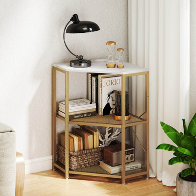 Corner Printer Stand with Charging Station Adjustable Metal Mesh Shelf White