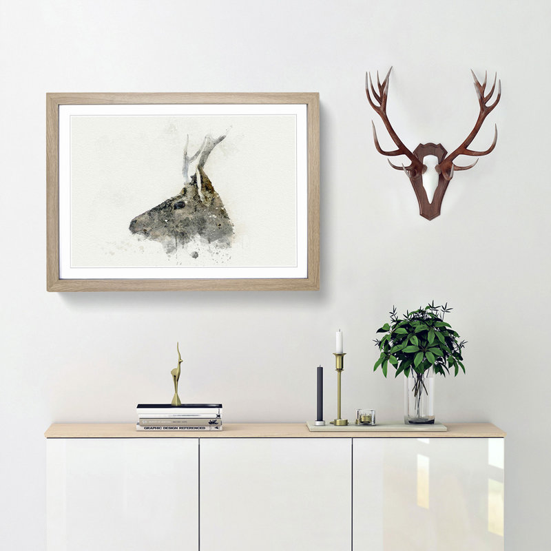 Young Elk in Abstract - Picture Frame Painting Print, 62cm H x 87cm W x 2cm D, Oak Framed