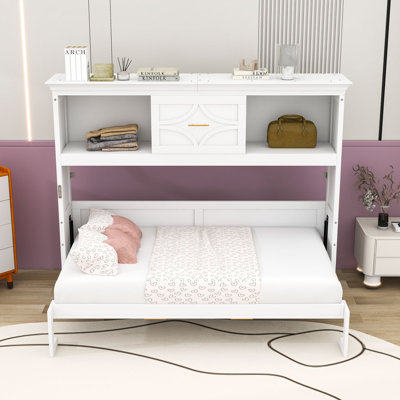 Twin Wood Murphy Bed with Built-in Charging Station, Storage Drawer and Shelves