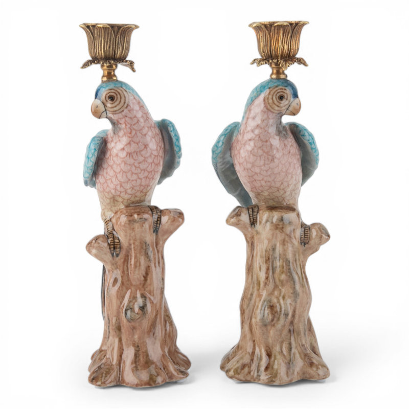 Porcelain Blue Parrot Candle Holder Pair with Bronze Ormolu