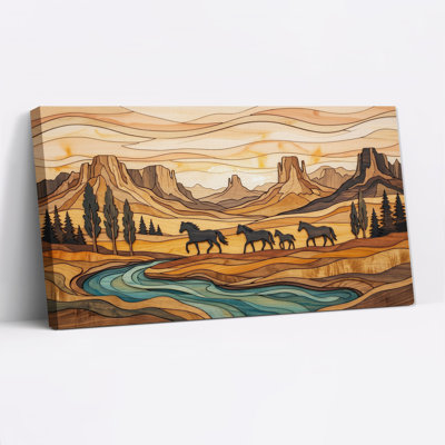 Chevaux marchant près d'une rivière, style sculpture sur bois, tableau sur toile