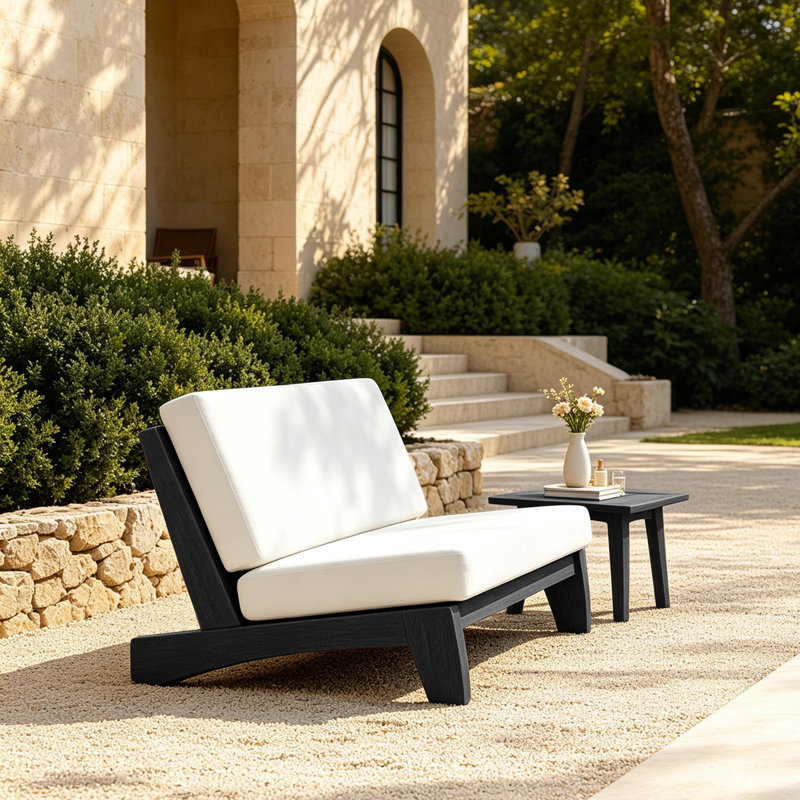Polett Outdoor Conversation Set Solid Wood Group With Loveseat And Side Table, White, Black