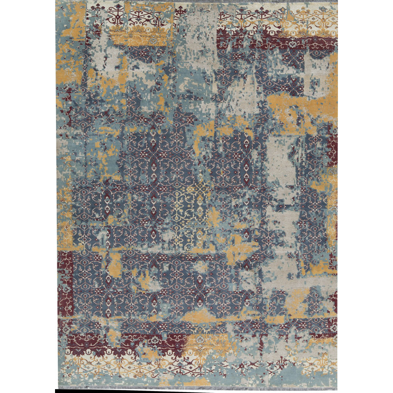 Kendale Abstract Area Rug in Dark Blue/Yellow/Brown, Rectangle 9' x 11'9"