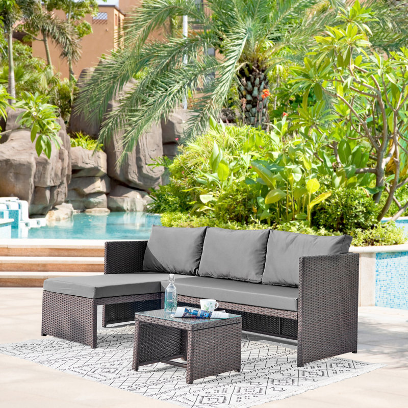 Menton Modern 3-Person Patio Sectional Conversation Set with Polyester Cushions and Coffee Table in Brown and Gray, Gray